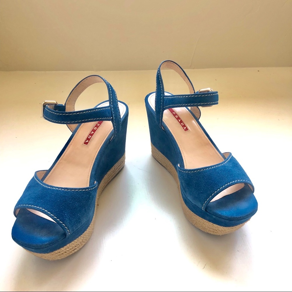 PRADA Sport Cadet Blue Suede Espadrille Wedge